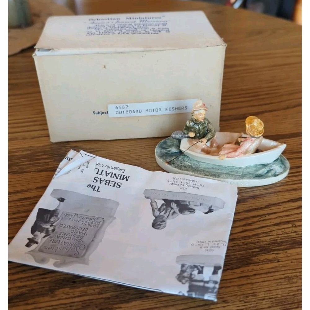Vintage Sebastian Miniatures Figurine Original Box Outboard Motor Fishers 6507